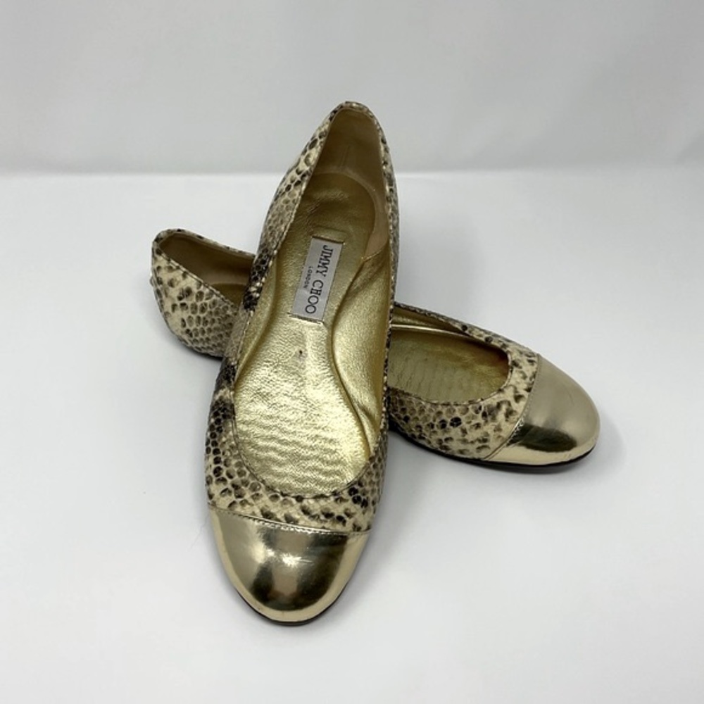 Jimmy Choo Gold Metallic Snake Print Flats - Picture 2 of 14
